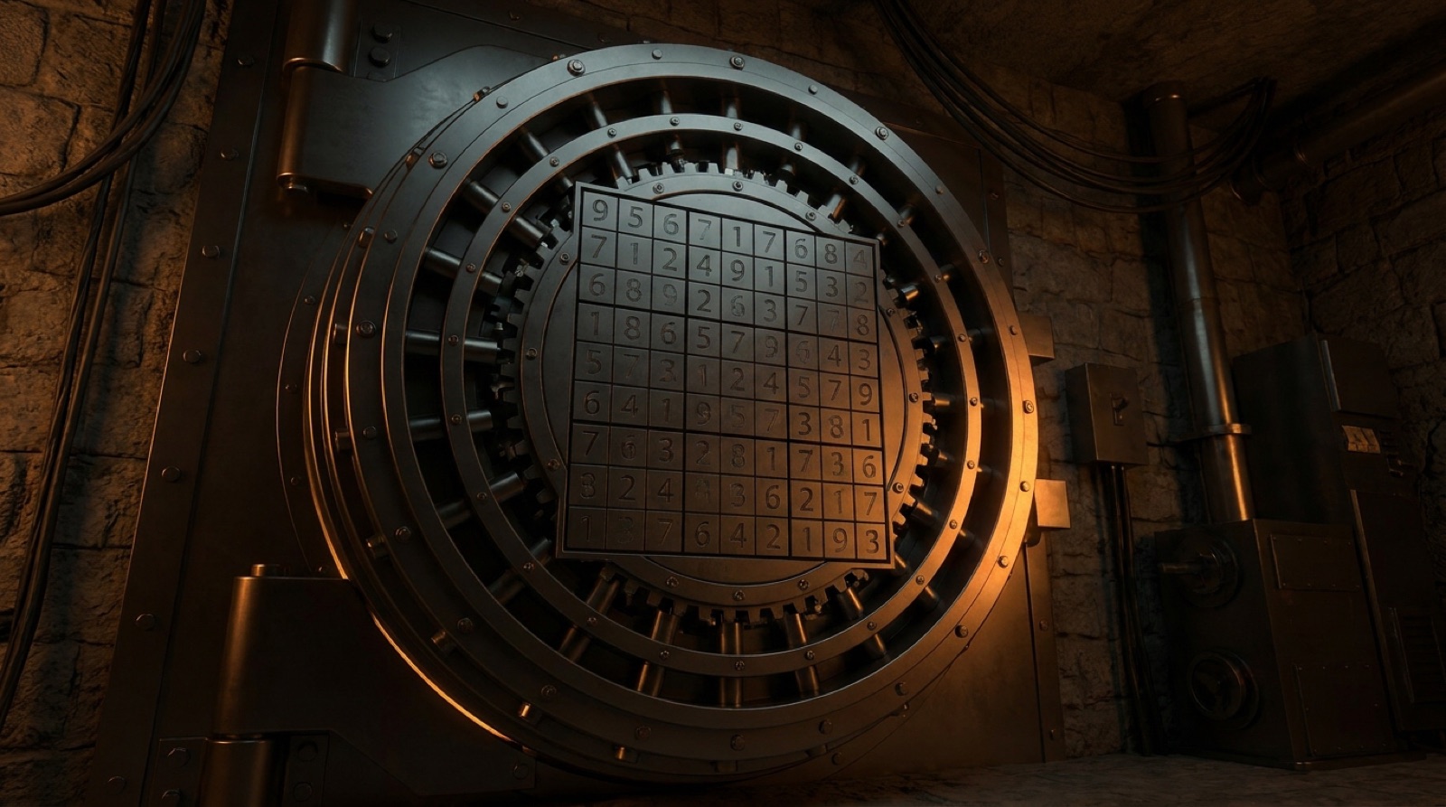 A massive round bank-vault door whose face is a metallic sudoku grid